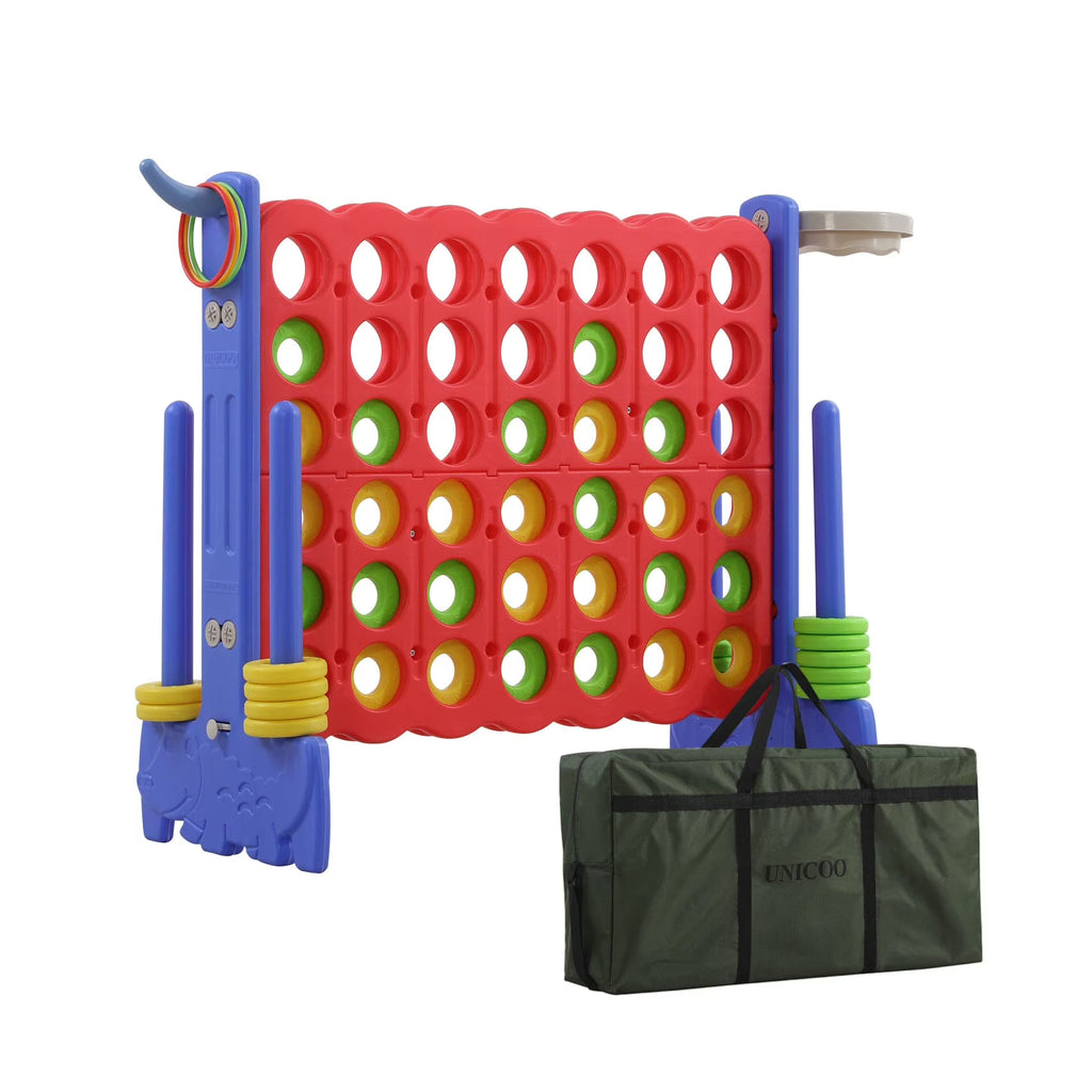 2026 NewUNICOO® 3-in-1 Giant 4 in A Row Game, Featuring Basketball Hoop, Ring Toss Game & 4-to-Score Game. Perfect for Kids & Adults, Parties & Gatherings with Carrying Bag (Red + Blue)