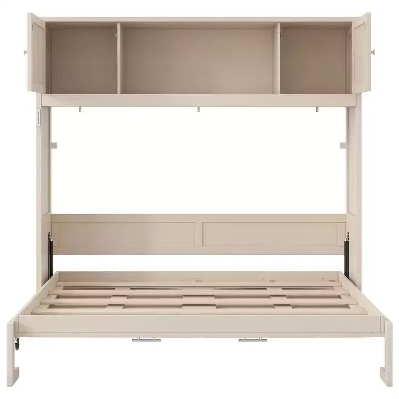 2026 Cama abatible tamaño Full con armarios de almacenamiento y estructura de madera, beige
