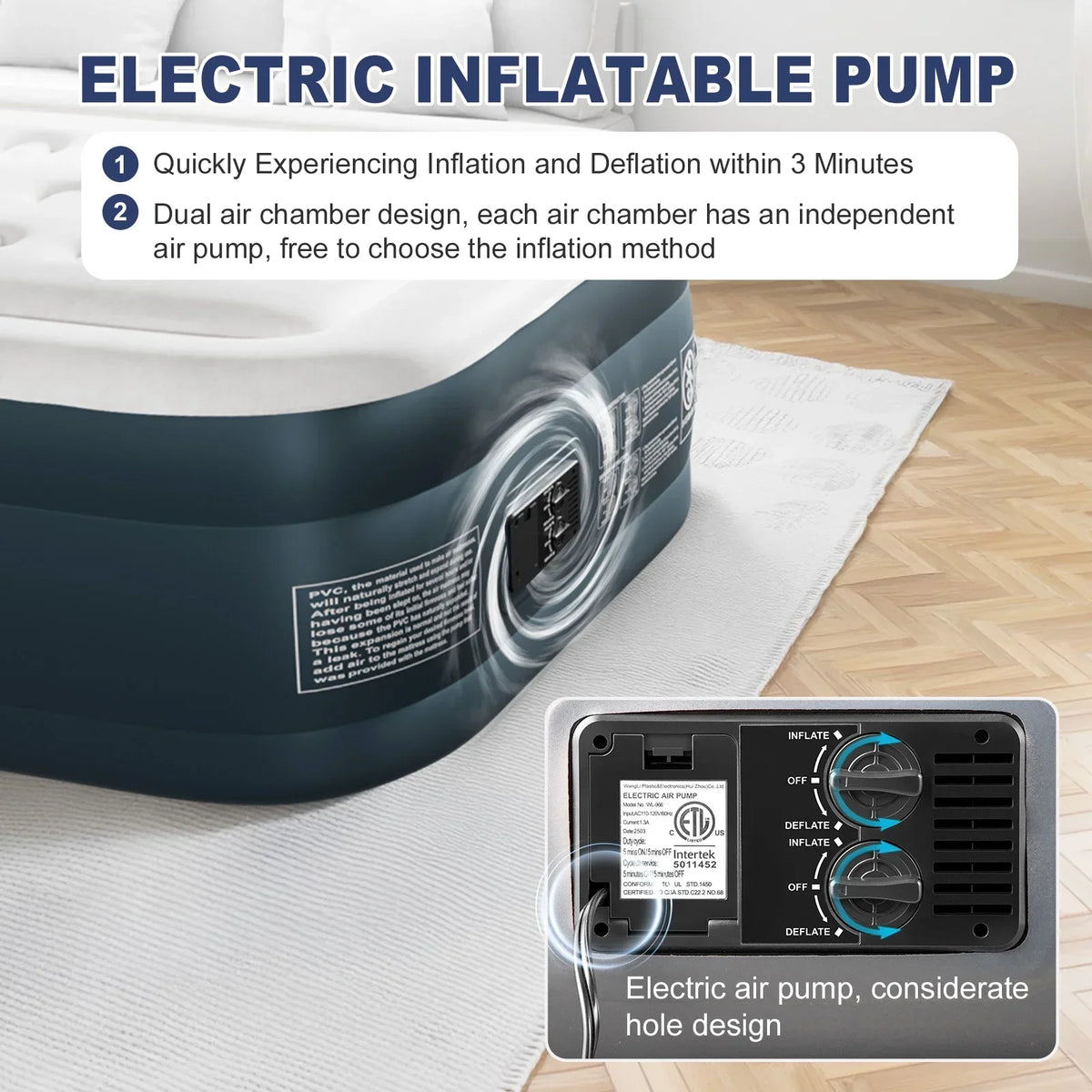 2026 NewZimtown 18" Twin Air Mattress with Two Chamber, Elevated Inflatable Bed with Built-in Pump, Protable Airbed for Outdoor Indoor Camping, Gray & White