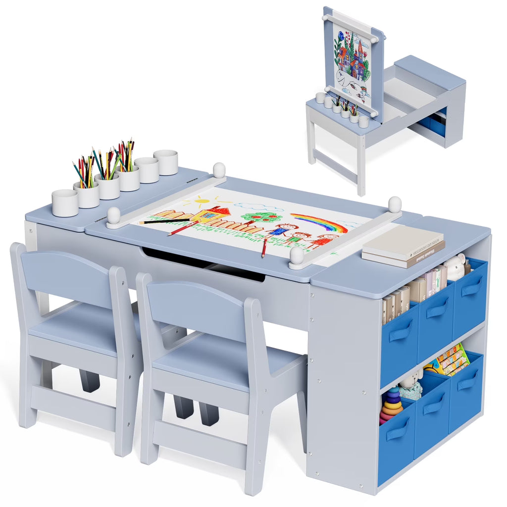2026 NewLAZY BUDDY Kids Art Table and 2 Chairs Set, 2 in 1 Easel & Toddler Craft Table and Chairs Set with Storage Bins, Paint Cups and Paper Roll, Activity Table Set for Children 3+