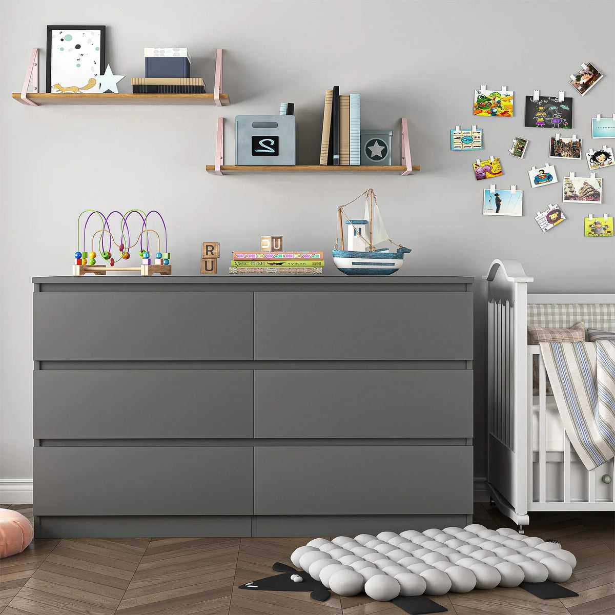 2026 NewResenkos Modern Mid Century 6 Drawer Wide Dressers Chests for Bedroom, Chest of Drawer Organizer Grey