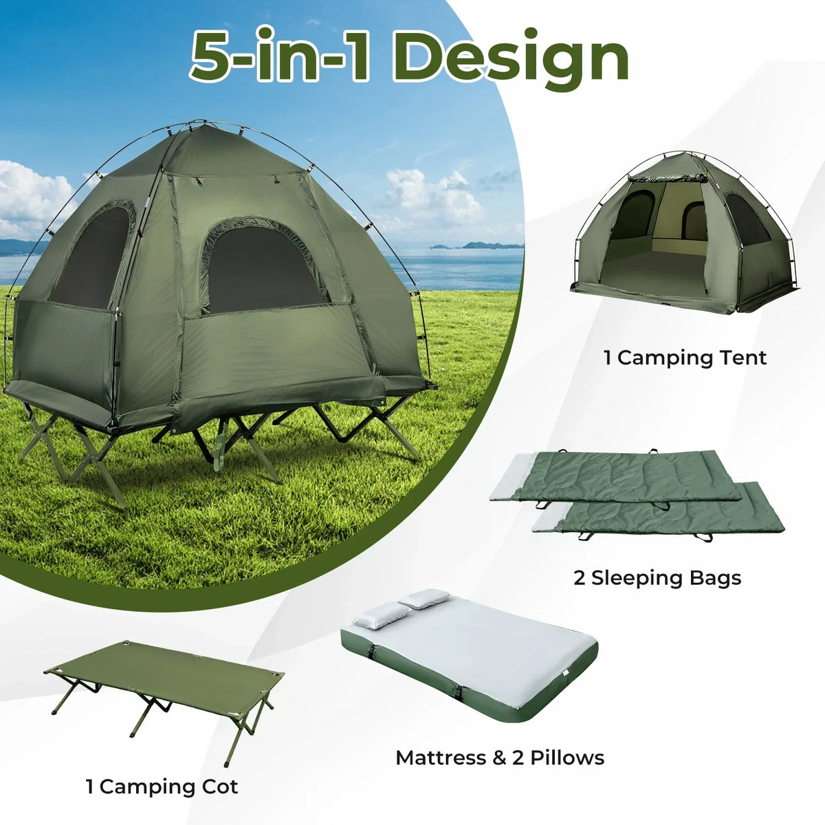 2026 NewPatiojoy Folding 2-Person Camping Tent Cot Portable Pop-Up Tent with Sleeping Bag&Air Mattress for Outdoor Activity