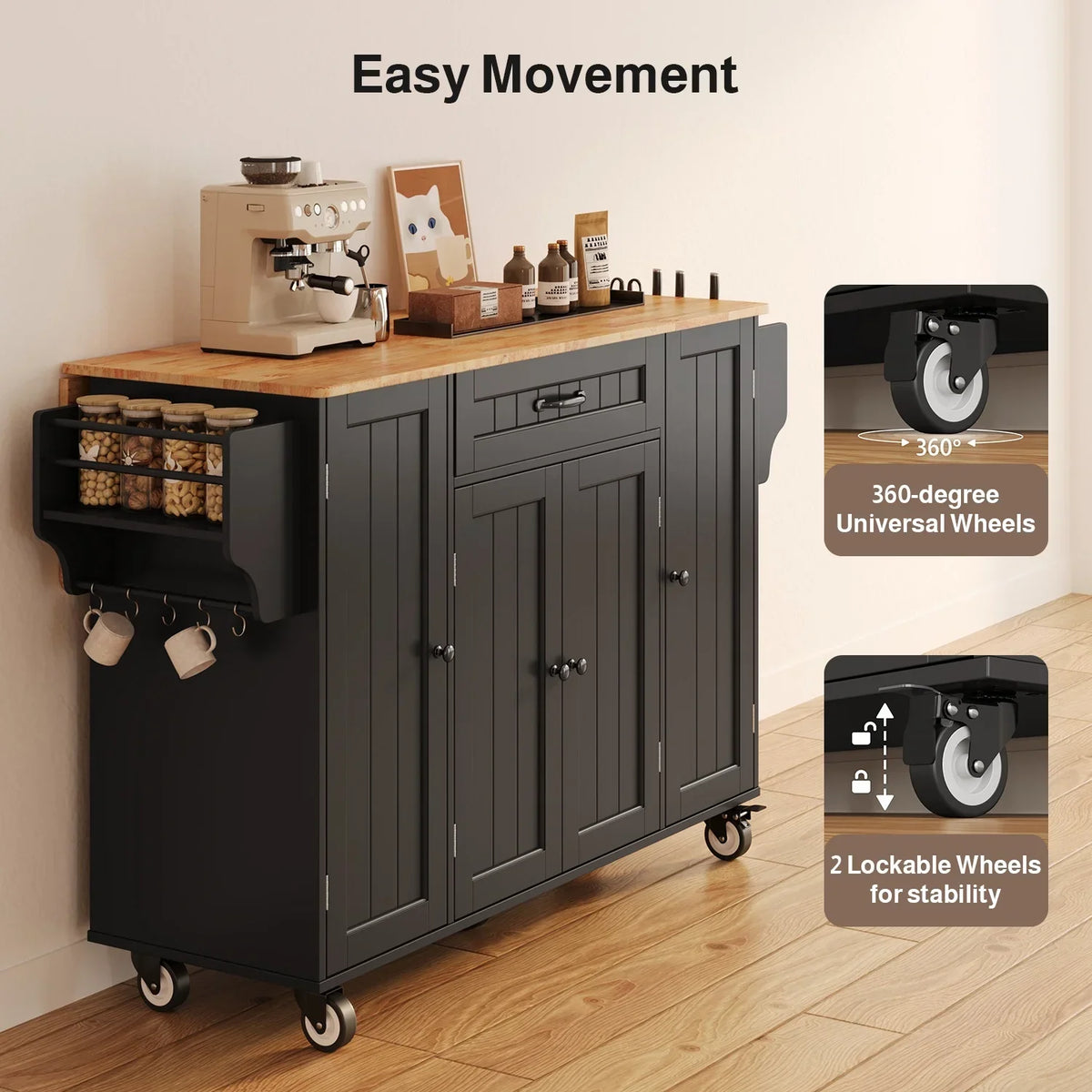 2026 NewNoelse Kitchen Island with Storage, Island Table for Kitchen with Drop Leaf, Spice Rack, Towel Bar for Small Kitchens, White