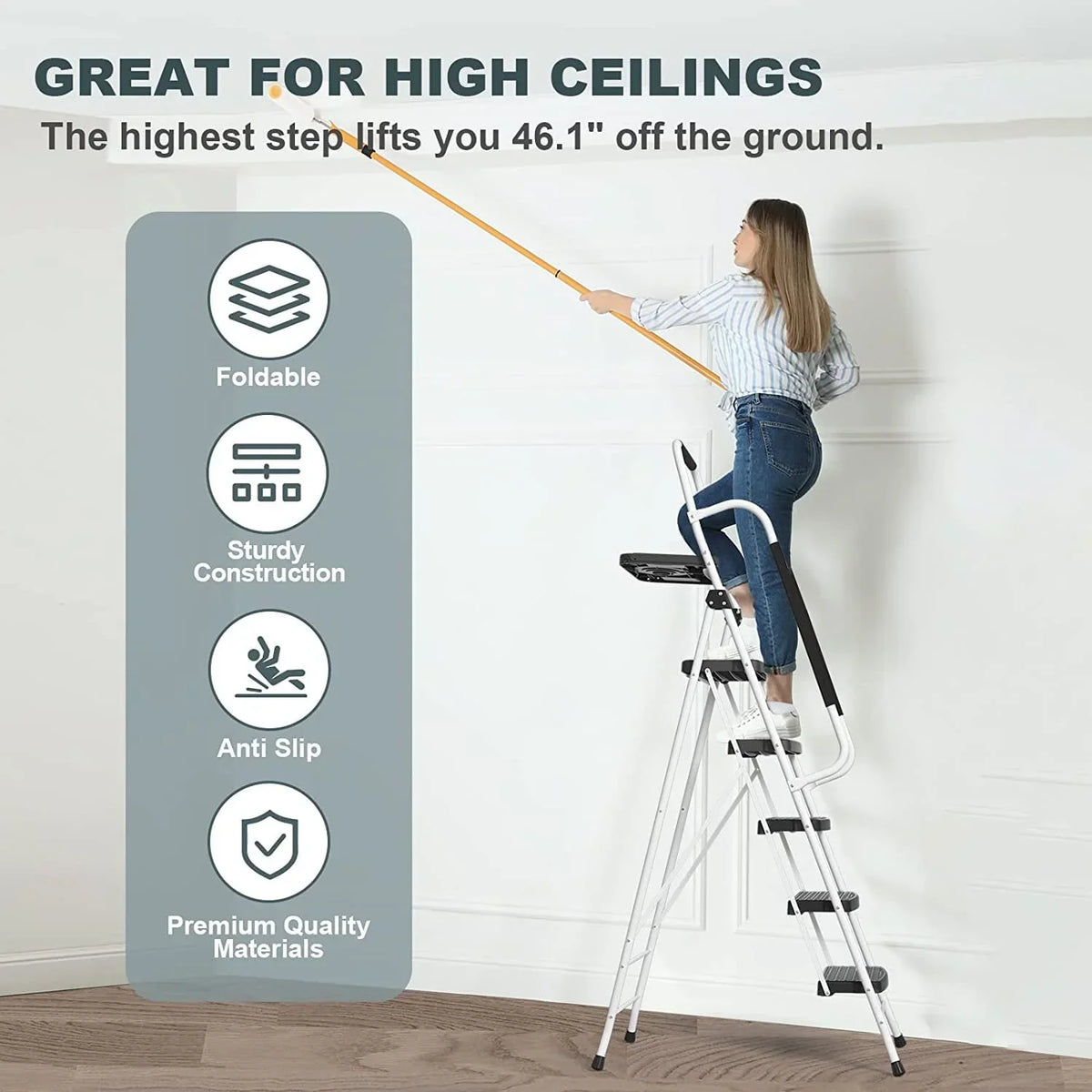 2026 NewHBTower Folding 5-Step Ladder, 330lbs, with Handrails and Tool Tray and Anti-Slip Pedal, White