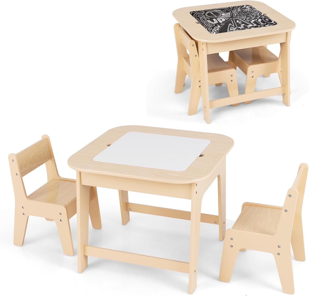 2026 NewOLAKIDS Kids Table and Chair Set, 3 in 1 Wooden Activity Table with Removable Tabletop, Blackboard and Whiteboard for Toddlers Arts Crafts Drawing Reading Playing, Playroom Nursery (Natural)