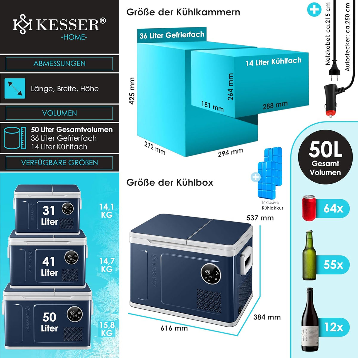 2026 Nevera portátil con compresor KESSER 2 en 1, doble zona de refrigeración y congelación, con 2 acumuladores de frío y control táctil LED | Refrigerador con capacidad de enfriamiento hasta -20 °C para camping, coche y camión, 12/24 V 230 V