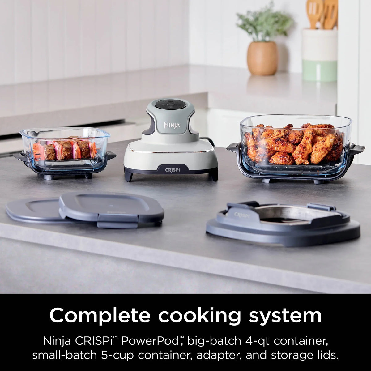 2026 NewNinja Crispi 3-in-1 Portable Glass Air Fryer Cooking System, 1500W, 4-Qt & 5-Cup TempWare Glass Containers with Storage Lids, Microwave, Freezer & Dishwasher Safe, White, FN100WH