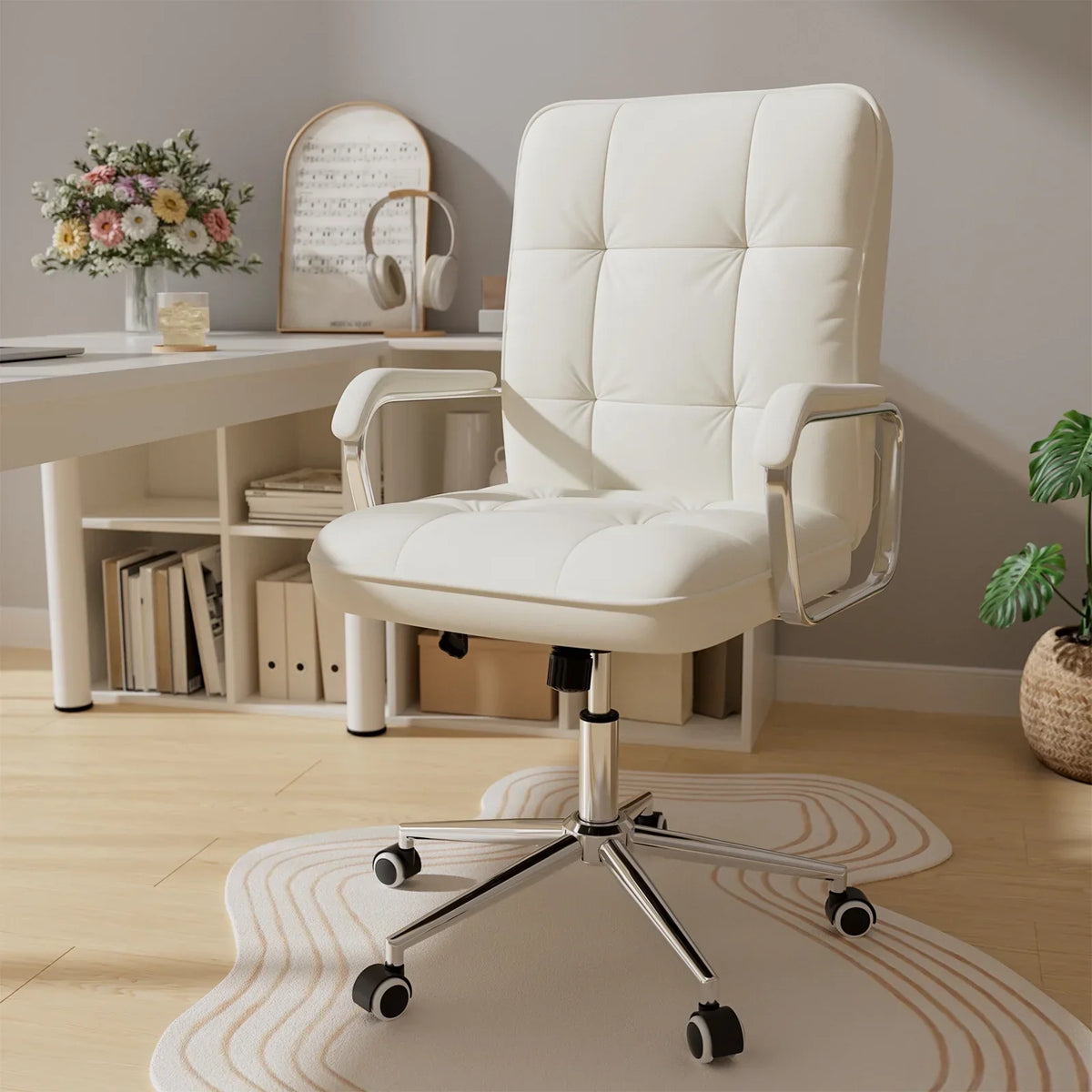 2026 NewSolfway White Office Chair, Swivel Leather Computer Desk Chair with Wheels and Padded Arms, Executive Office Chair for Adults