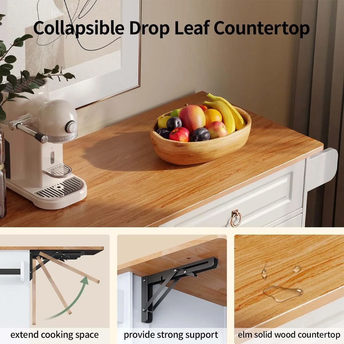 2026 NewLofka 52-Inch Kitchen Island with Storage on Wheels with Wood Drop Leaf, Ideal for Small Kitchens