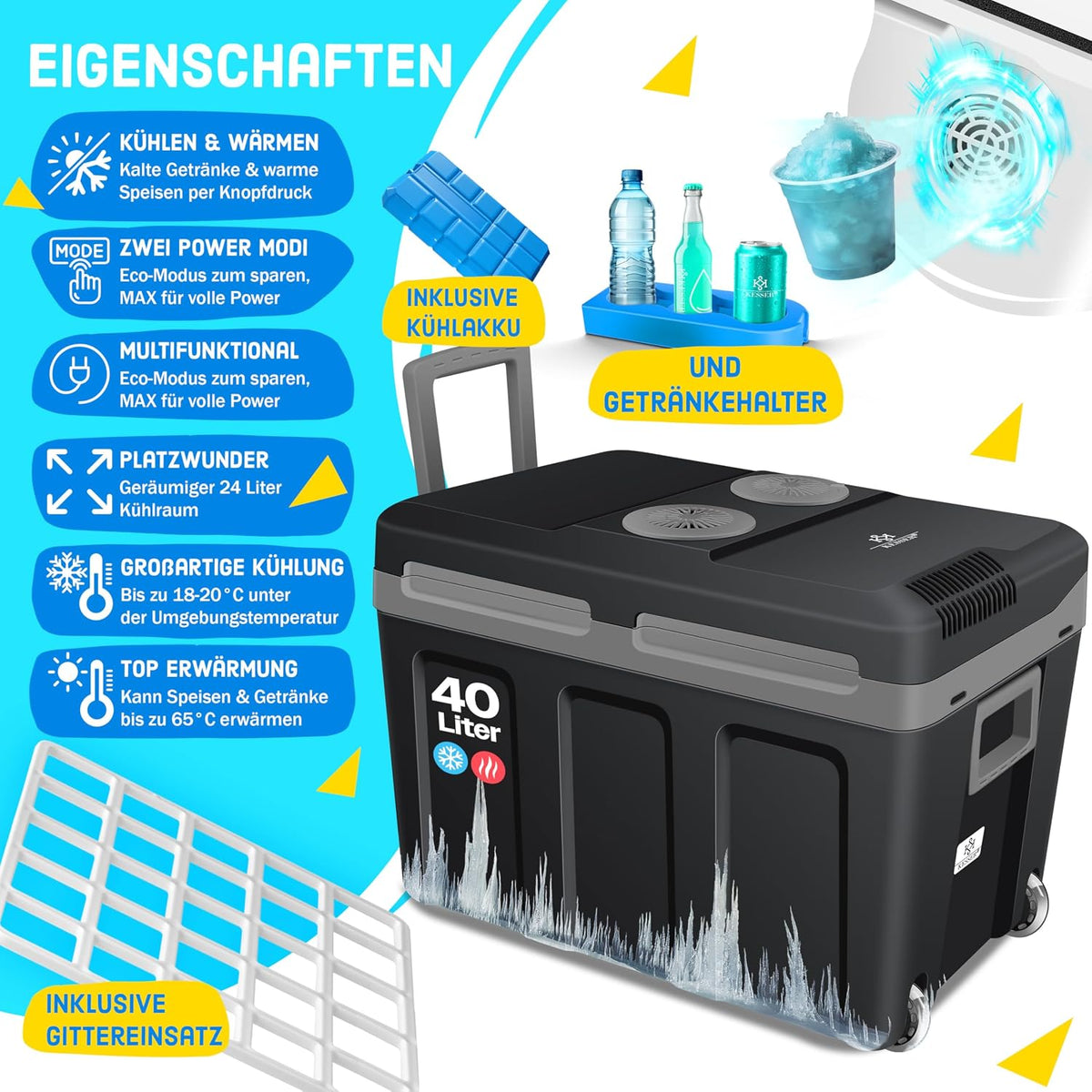 2026 KESSER® Nevera eléctrica portátil 40L con Ruedas | Calienta y enfría | Termoeléctrica | Mini Nevera | 12V y 230V | para Coche, Camping y Enchufe | Modo Eco | Incluye acumuladores de frío