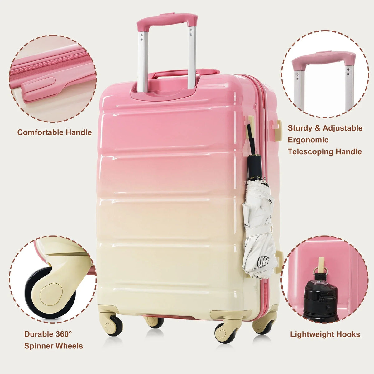 2026 NewPAPROOS 3-Piece Luggage Set (20''/24''/28''), Hardshell Lightweight Suitcase with USB Port and Side Hooks, Travel Luggage with TSA-Lock, Hardside Rolling Luggage for School, Travel, Pink