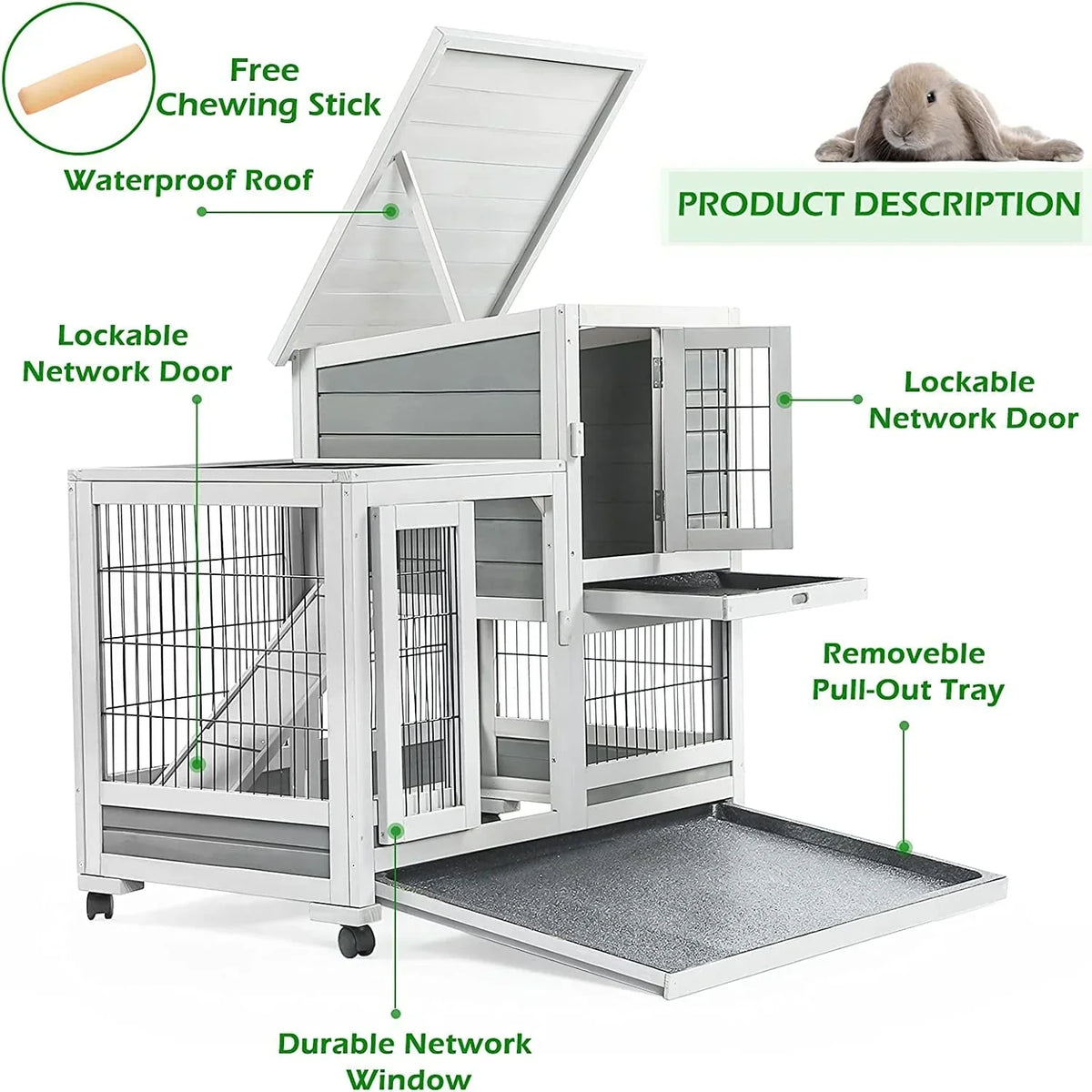 2026 NewYODOLLA Indoor Rabbit Hutch Bunny Cage Large Pet House for Small Animal with Wheels