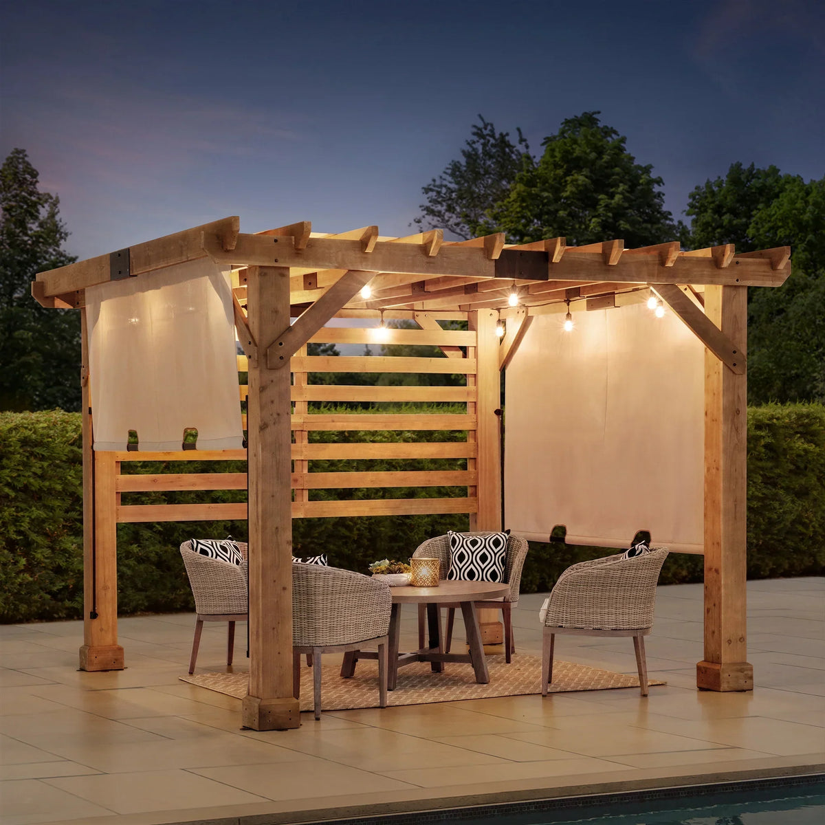 2026 NewSunjoy Cedar Pergola 10 x 11 ft. Wooden Hot Tub Pergola with Adjustable Canopy and Privacy Screen