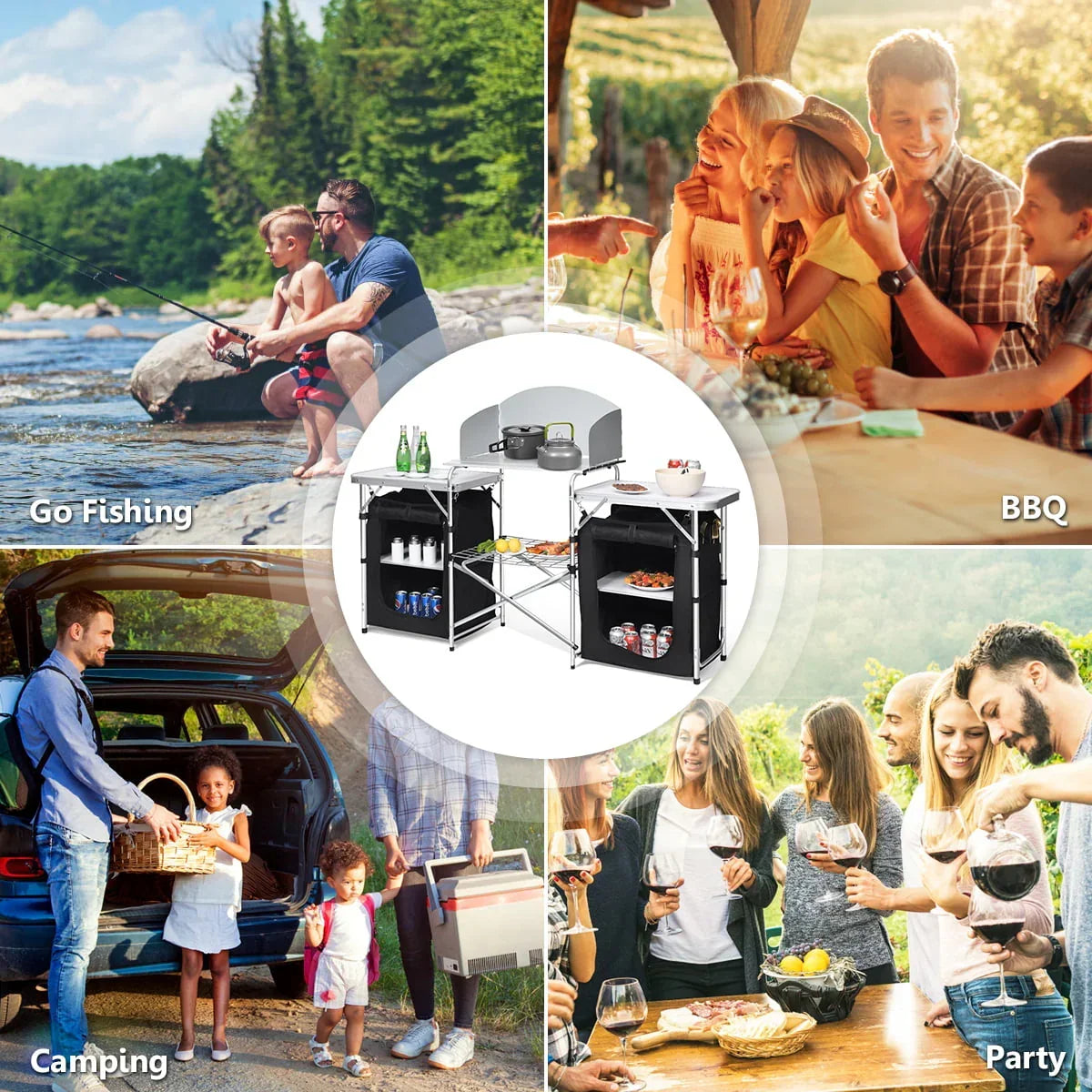 2026 NewGoplus Folding Portable Aluminum Camping Grill Table w/ Storage Organizer Windscreen Black