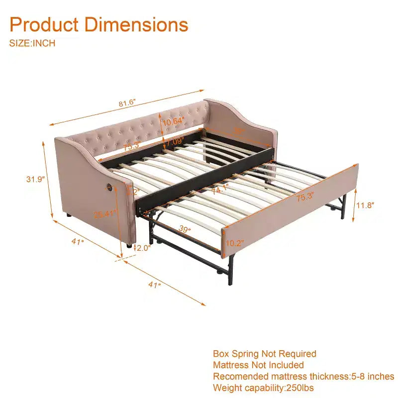 2026 Cama sofá Twin con cama nido, tapizada en terciopelo, puerto USB y bolsillos laterales - ModernLuxe