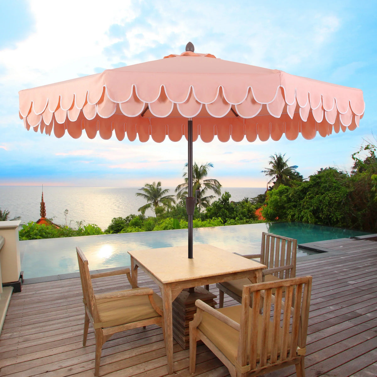 2026 NewJONATHAN Y Tracy 9 ft. Market Patio Umbrella, Classic Mid-Century Scalloped Fringe, with Auto-Tilt Crank, Wind Vent and UV Protection, Coral Pink/White, Dark Brown Pole