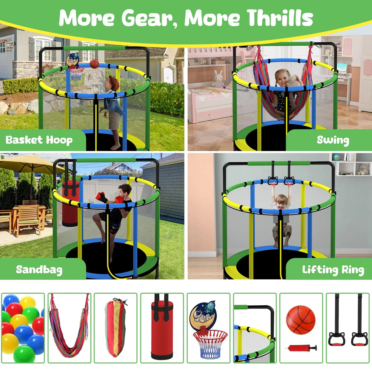 2026 NewMini Round Trampoline for Kids with Basketball Hoop, SEGMART 55'' Indoor Outdoor Toddler Trampoline with Enclosure Net, Swing, Sandbag, Ring, Ocean Balls, Small Trampoline Gift for Boys Girls, Blue