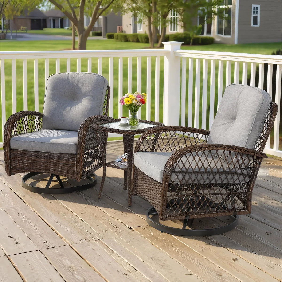 2026 New3 Piece Patio Swivel Rocker Chairs Set, 2 360-Degree Swivel Rocking Chairs with 1 Glass Top Table, PE Rattan Outdoor Bistro Set with Cushions for Balcony Deck Poolside Backyard Porch