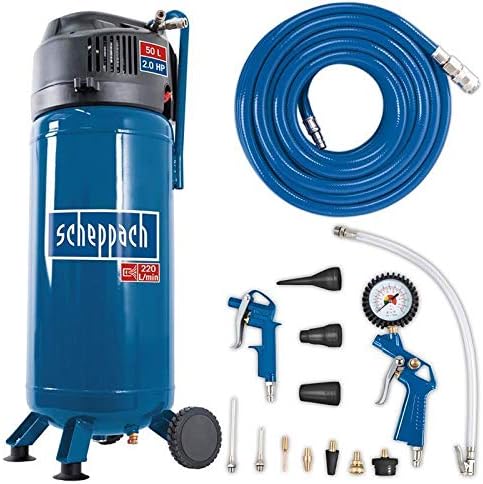 2026 Compresor Scheppach HC51V (1500 W, 50 L, 10 bar, capacidad de entrada 220 l/min, reductor de presión, sin aceite, diseño vertical que ahorra espacio) - incluye juego de 13 herramientas neumáticas y manguera trenzada de 15 m