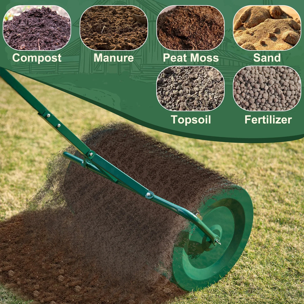 2026 NewMUCHANT 24" Compost Spreader, Heavy-Duty Metal Mesh Spreader with Adjustable Handle for Lawn, Green
