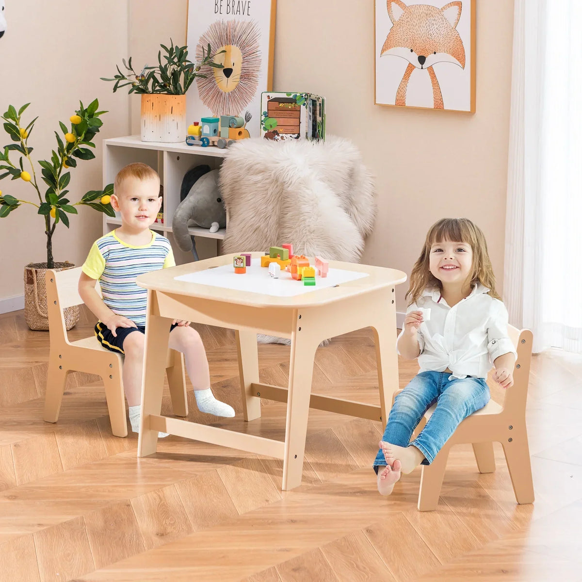 2026 NewOLAKIDS Kids Table and Chair Set, 3 in 1 Wooden Activity Table with Removable Tabletop, Blackboard and Whiteboard for Toddlers Arts Crafts Drawing Reading Playing, Playroom Nursery (Natural)