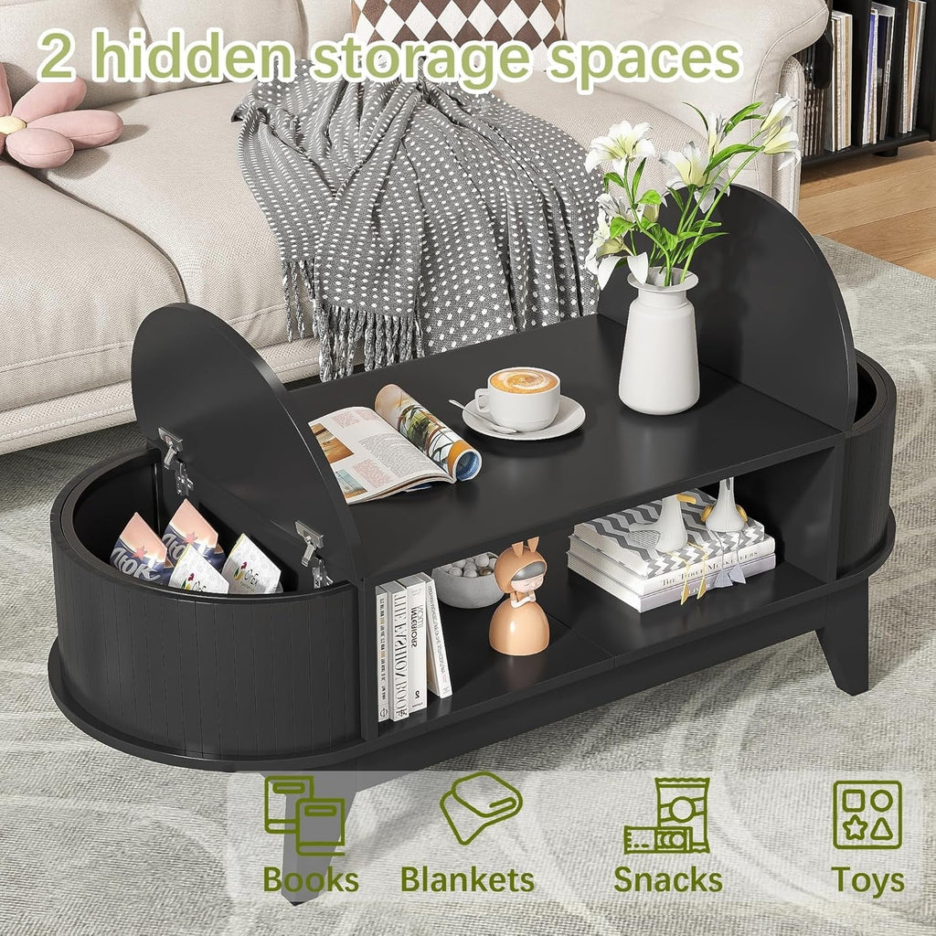 2026 NewFluted Coffee Table with Storage, Modern Coffee Tables, Wood Accent Center Table