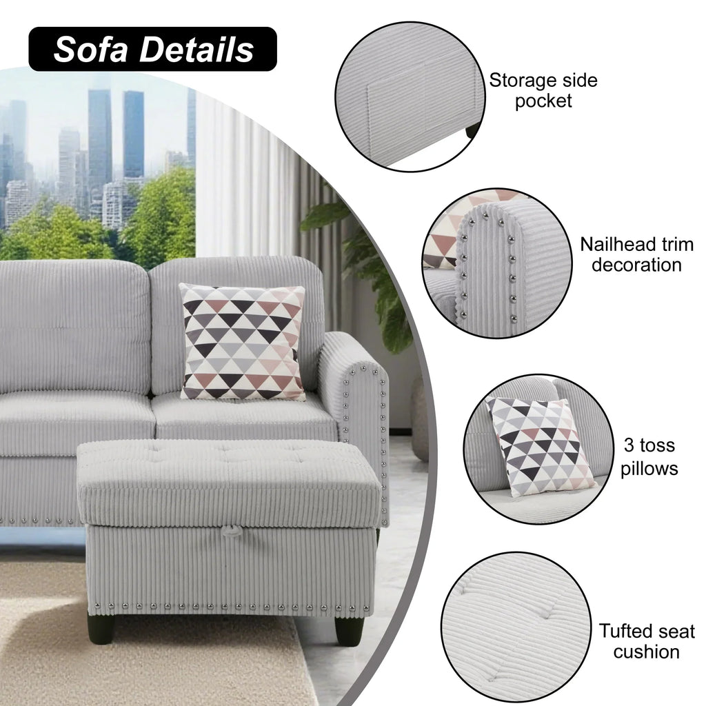 2026 NewAENKYO 95" L-Shaped Corduroy Modular Sectional Sofa with Ottoman & Cup Holders �C Living Room Couch for Apartments"Light Gray