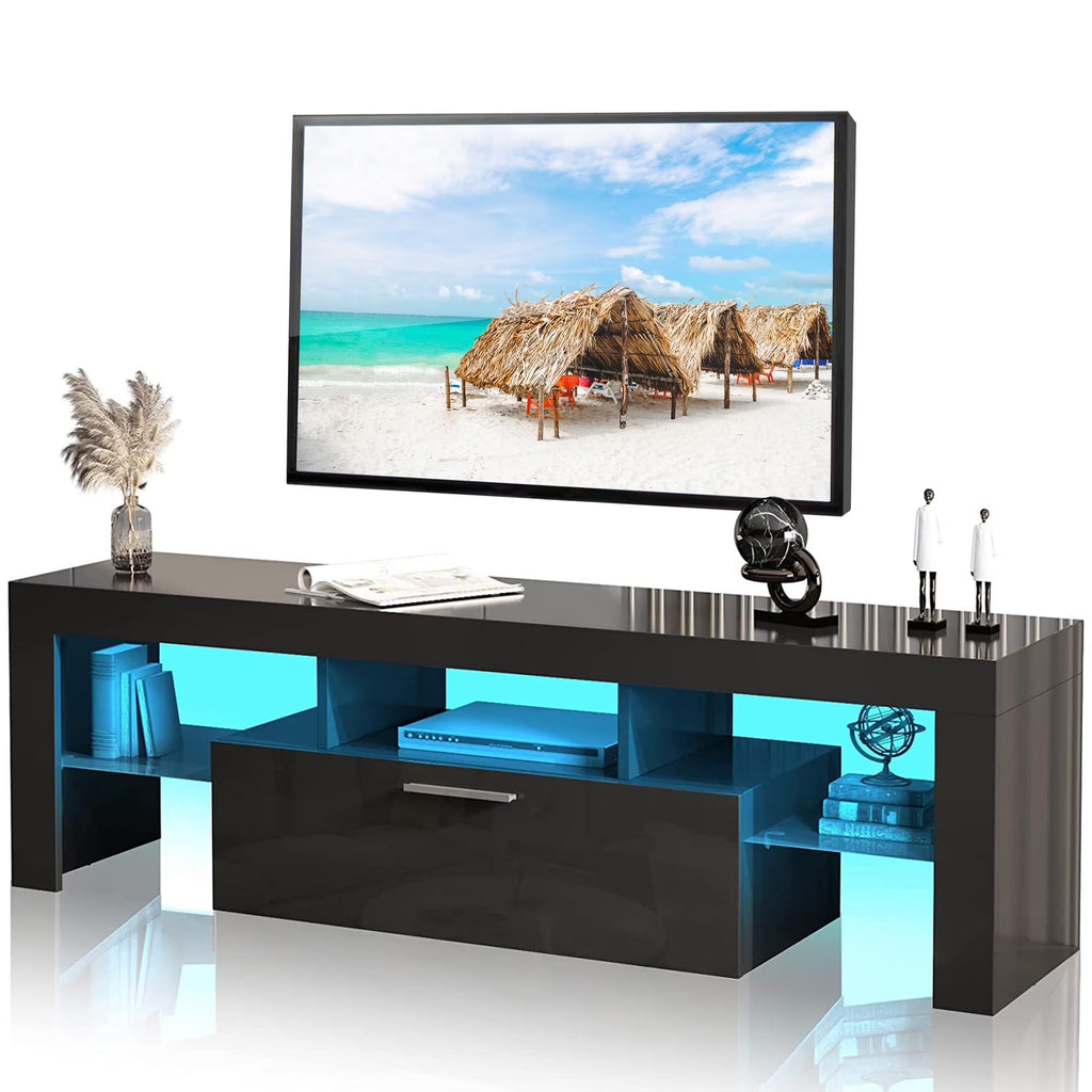 2026 NewPAPROOS TV Stand for TVs up to 70", High Gloss TV Cabinet with LED Light, Modern TV Console Table with Storage Drawers, Media Television Stand Entertainment Center, White