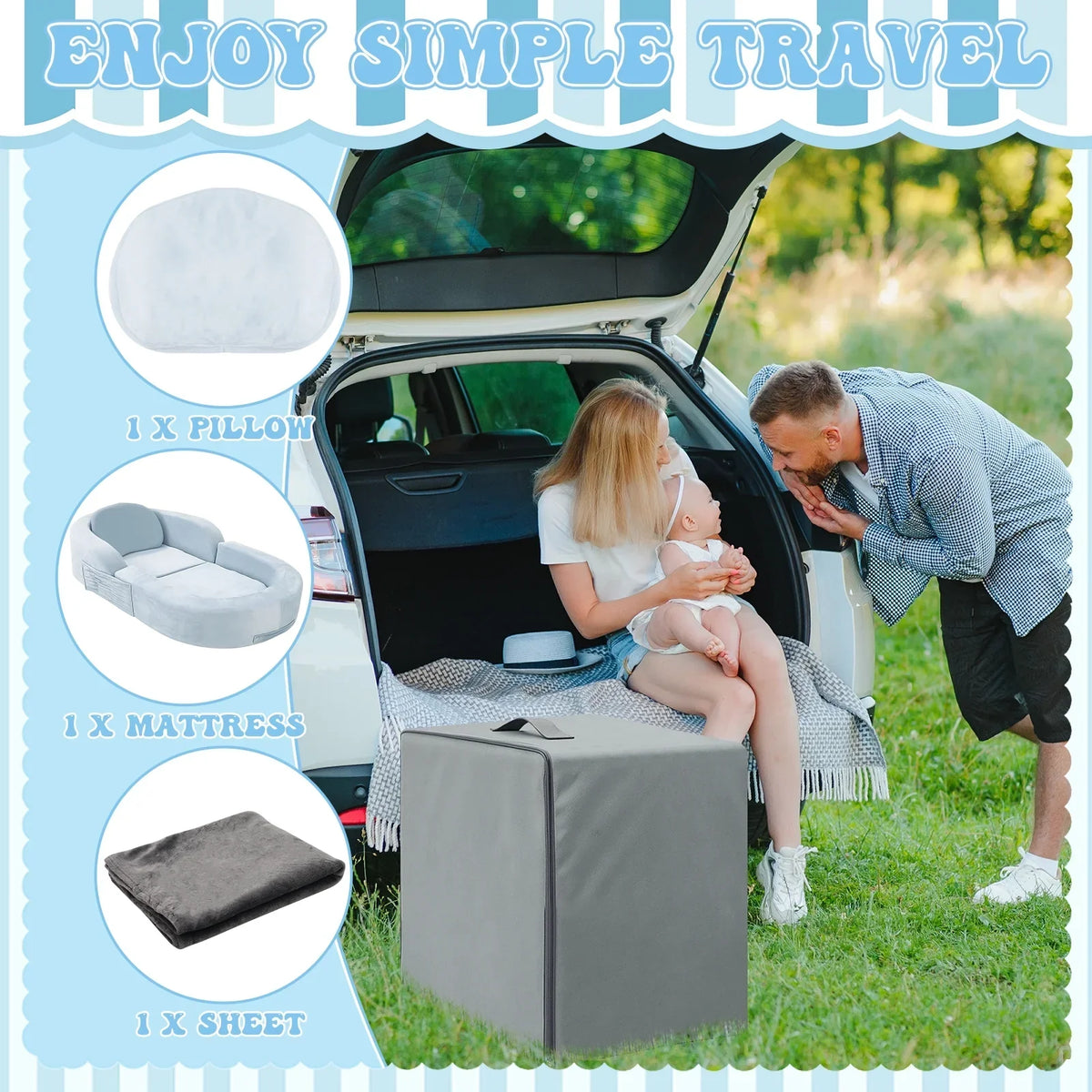 2026 NewCoumy Toddler Travel Bed 2-in-1 Kids Sofa Chair with Removable Cover, Soft Foam Portable Foldable Toddler Bed for Travel with Carrying Bag, Blue