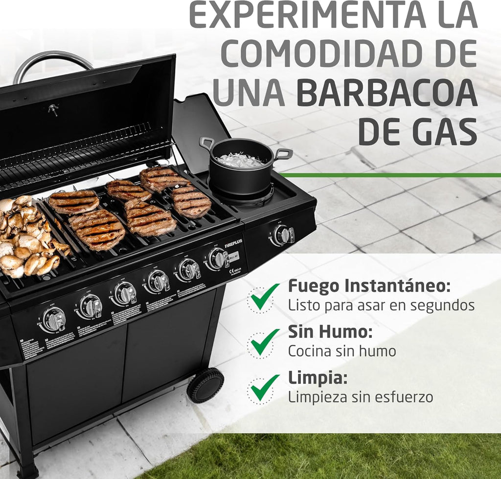 2026 Amig - Barbacoa de gas Fireplus 6 1 de 12,9 kW - Acero inoxidable Negro - Parrilla con ruedas Modelo GRILL-6F - Barbacoa XXL con carro y termómetro - 138x52x103 cm - 7 quemadores y Bandeja lateral