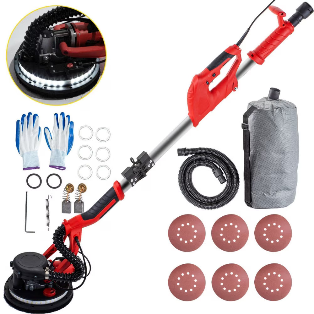 2026 NewVEVOR Electric Drywall Sander 850W Variable Speed 800-1750 RPM Foldable Sheetrock Sander with Telescope Handle LED Strip Light Vacuum Bag Wall Sander for Professional Use