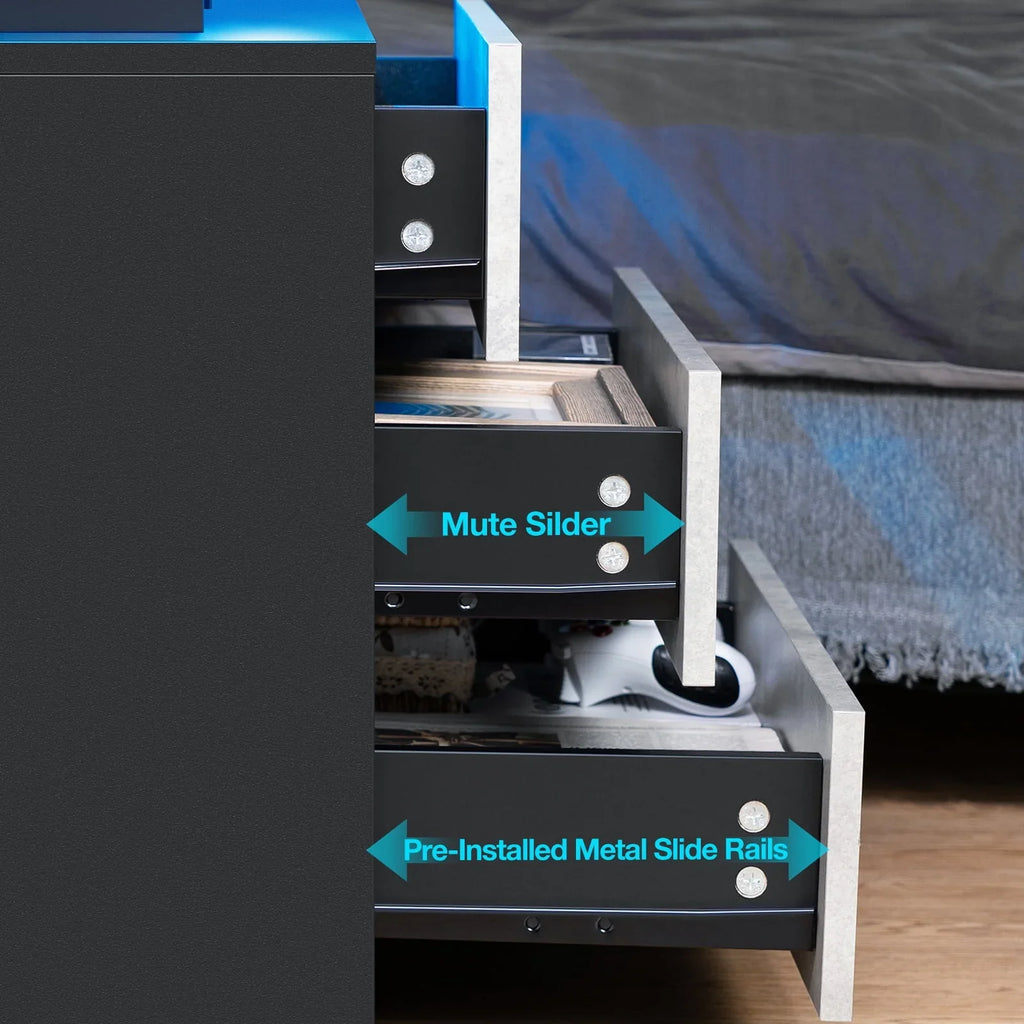 2026 NewHommpa LED Nightstand Wireless Charging Station USB Type C Outlets Bedside Table 3 Drawers Black Night Table Modern Smart Nightstand High Gloss End Side Table for Bedroom Furniture 26.8" Tall
