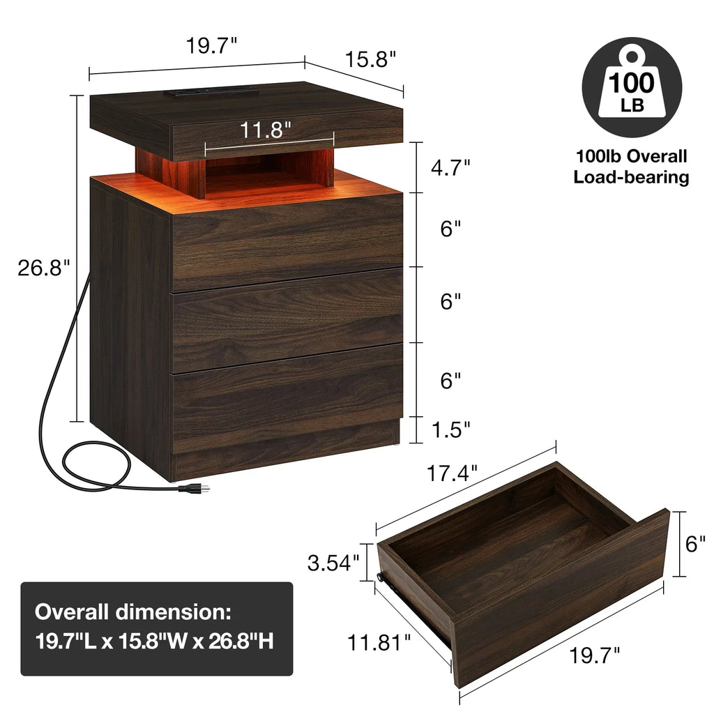 2026 NewHommpa LED Nightstand Wireless Charging Station USB Type C Outlets Bedside Table 3 Drawers Black Night Table Modern Smart Nightstand High Gloss End Side Table for Bedroom Furniture 26.8" Tall