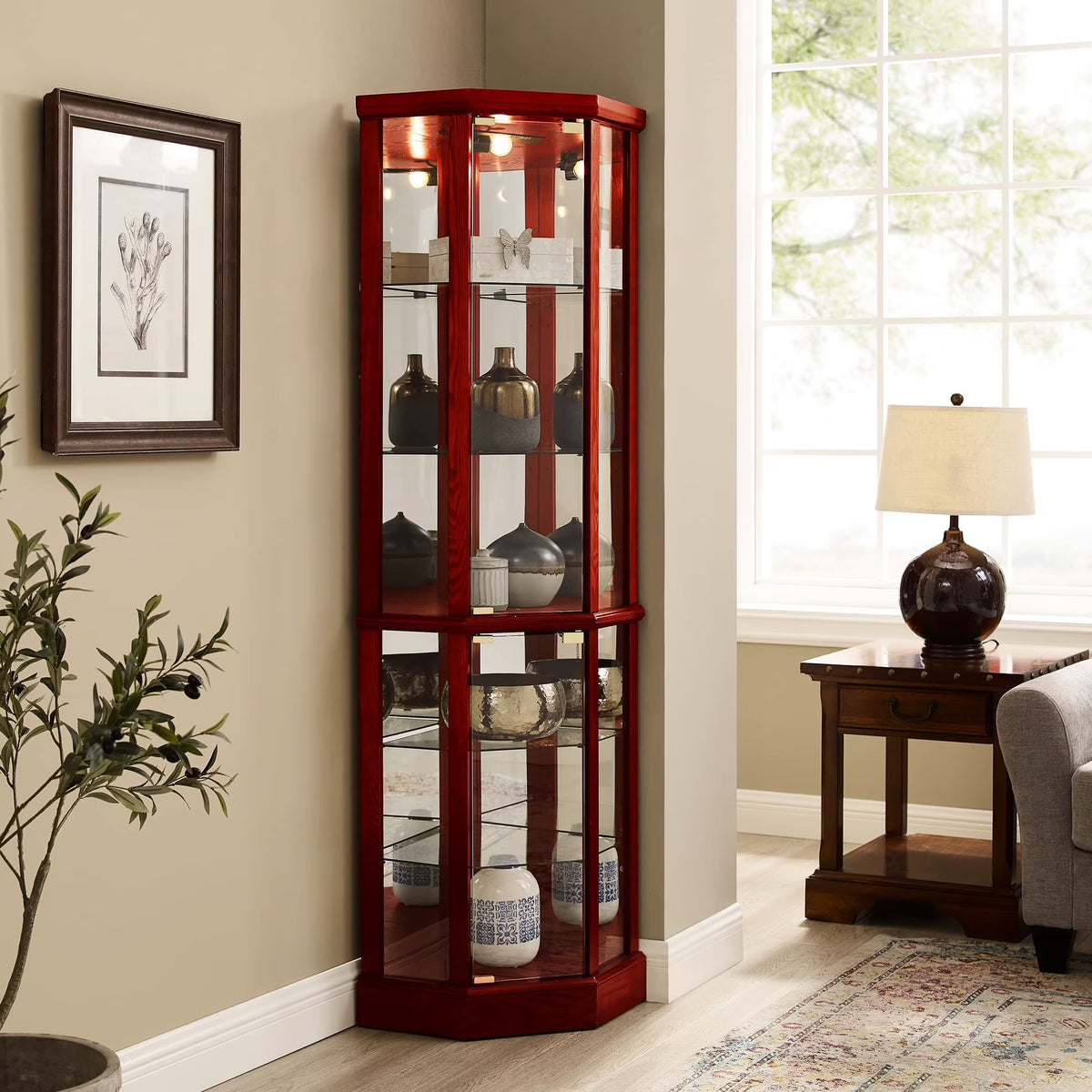 2026 NewWalnut Cabinet With 6 Shelves, Adjustable Glass & Mirrored Back Design Shelf Lighted Corner Curio Shelves In