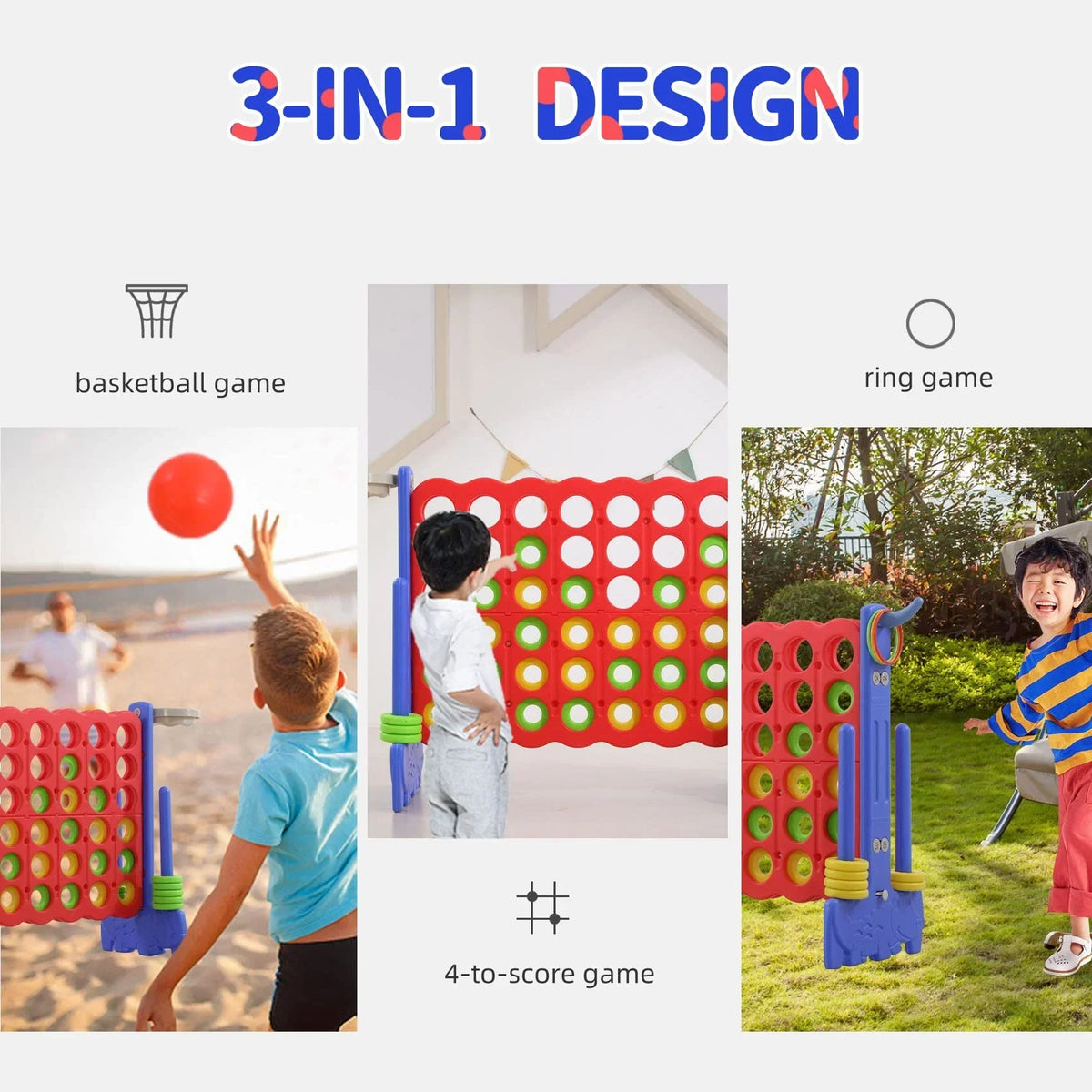 2026 NewUNICOO® 3-in-1 Giant 4 in A Row Game, Featuring Basketball Hoop, Ring Toss Game & 4-to-Score Game. Perfect for Kids & Adults, Parties & Gatherings with Carrying Bag (Red + Blue)
