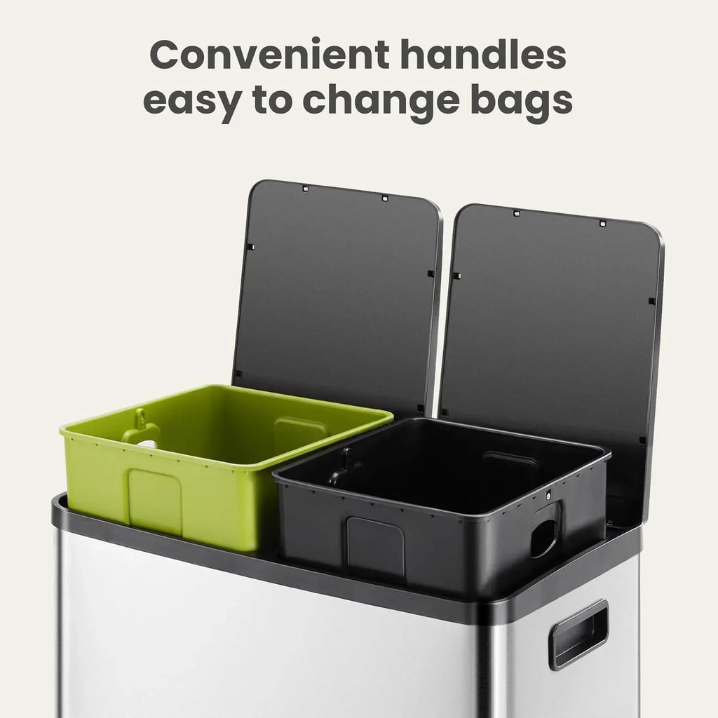 2026 NewEDX 2 x 8.3 Gallon Dual Garbage Recycle Trash Can with Lid, Inner Buckets for Kitchen, Stainless Steel, Sliver