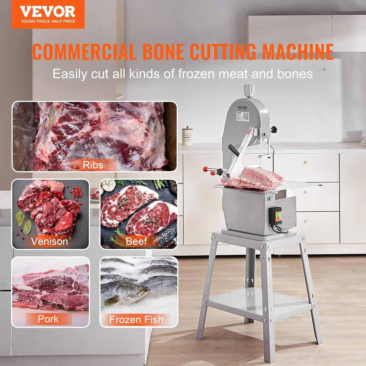 2026 VEVOR Sierra Eléctrica Comercial para Huesos de Carnicero Sierra de Cinta para Huesos 1500 W 300 kg/h Sierra Eléctrica para Carne Congelada y Huesos Espesor 4-200 mm para Restaurante 54x49,5x142 cm