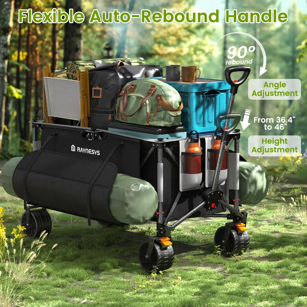 2026 NewRaynesys 300L Foldable Wagon Cart with Wheels, 440lbs Heavy Duty Beach Wagon for Sand Sports Camping Grocery, Black & Gray