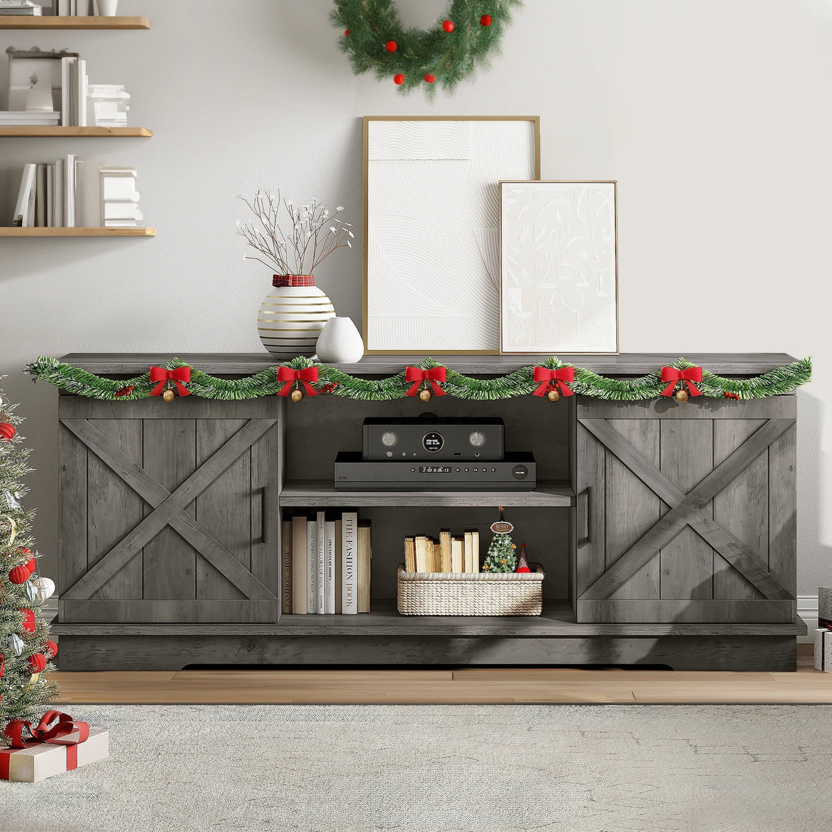 2026 NewDextrus Farmhouse TV Stand for 65 inch TV, Entertainment Center for Living Room, TV Media Console Cabinet, Grey Wash