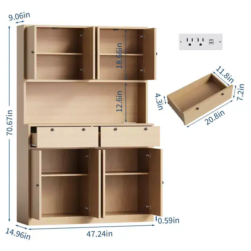 2026 Armario despensa de cocina de 71" blanco/madera, 8 puertas, 2 cajones y estación de carga