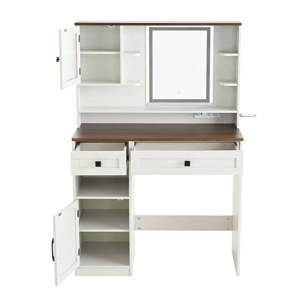 2026 NewFarmhouse Makeup Vanity Desk with Mirror and Lights,Dressing Table Set with Charging Station and Stool,Drawers,Shelves and Side Cabinet,White