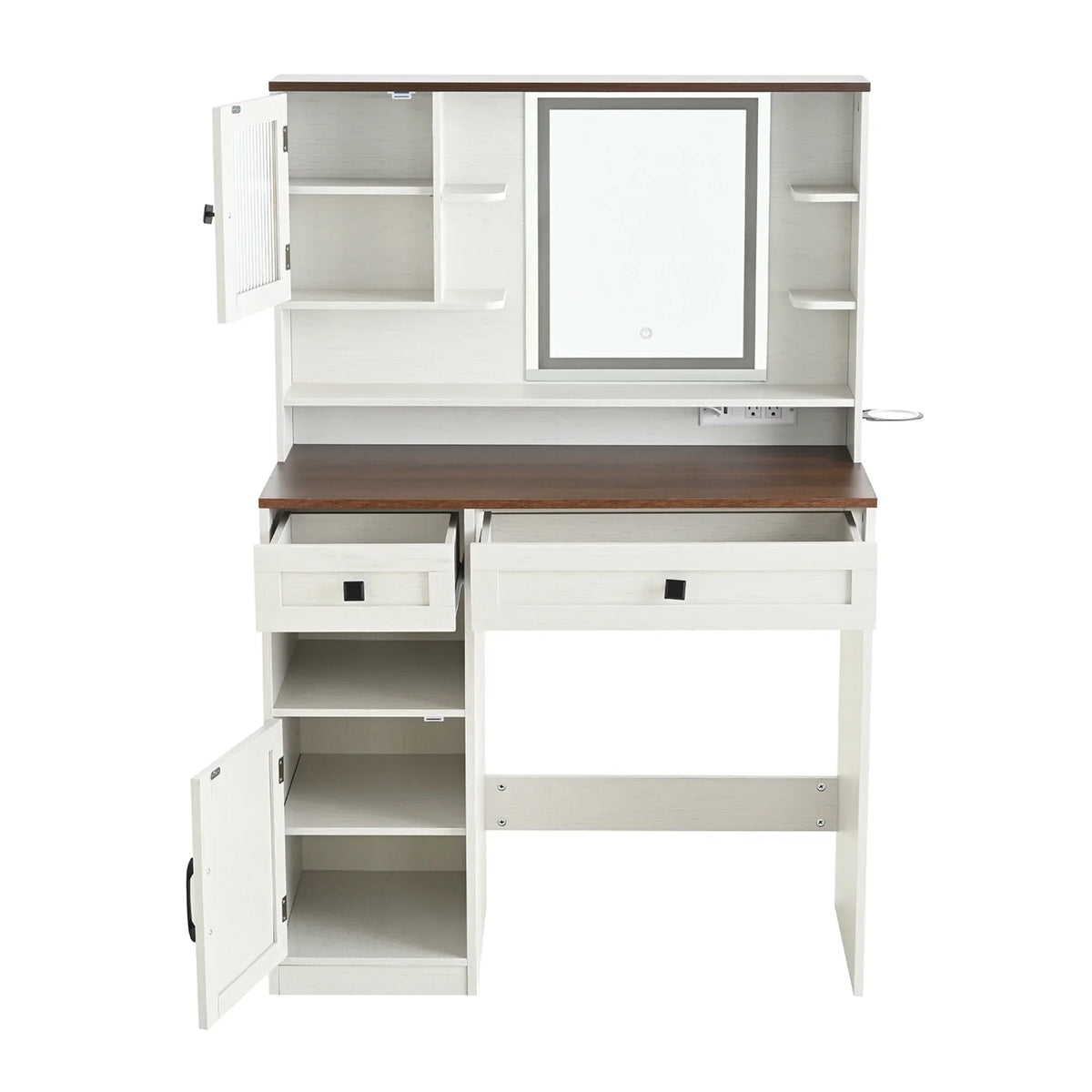 2026 NewFarmhouse Makeup Vanity Desk with Mirror and Lights,Dressing Table Set with Charging Station and Stool,Drawers,Shelves and Side Cabinet,White
