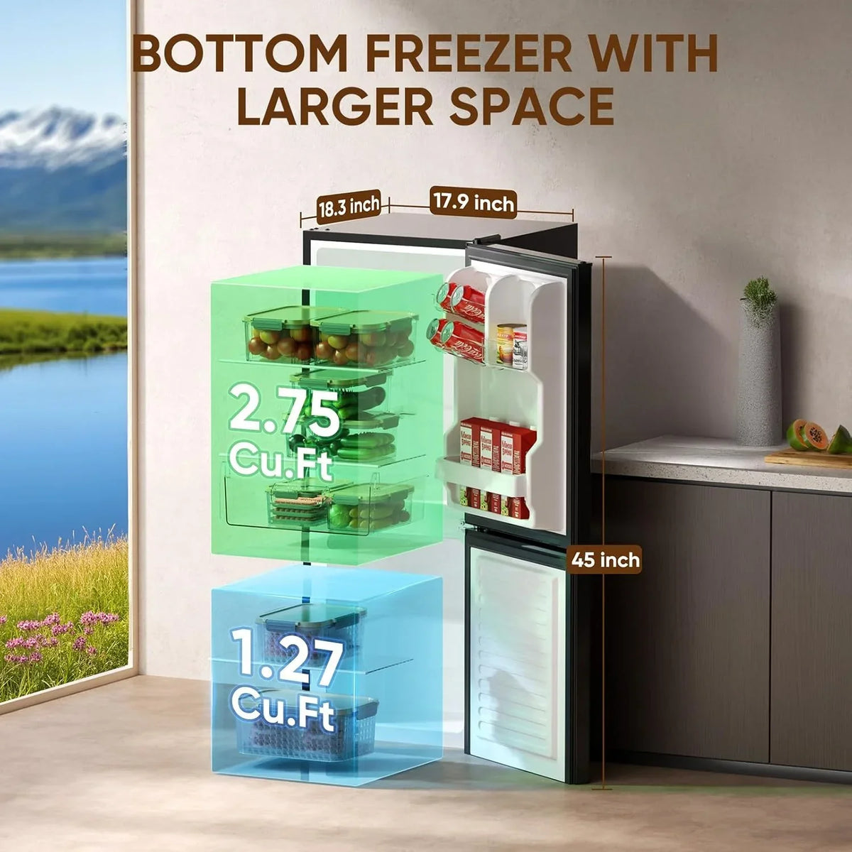 2026 NewUpstreman 4.0 Cu.Ft Mini Fridge with Bottom Freezer, 2 Door Small Refrigerator with Adjustable Thermostat and Removable Glass Shelves for Bedroom, Dorm, Office, Apartment, Black BM40