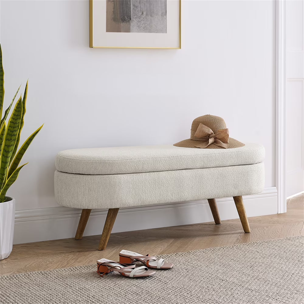 2026 New43.5" Oval Storage Ottoman Bench with Solid Wood Legs, Linen Fabric Upholstered Entryway Bench with Safety Hinge, Indoor Bench for End of Bed, Sofa Side, Entryway