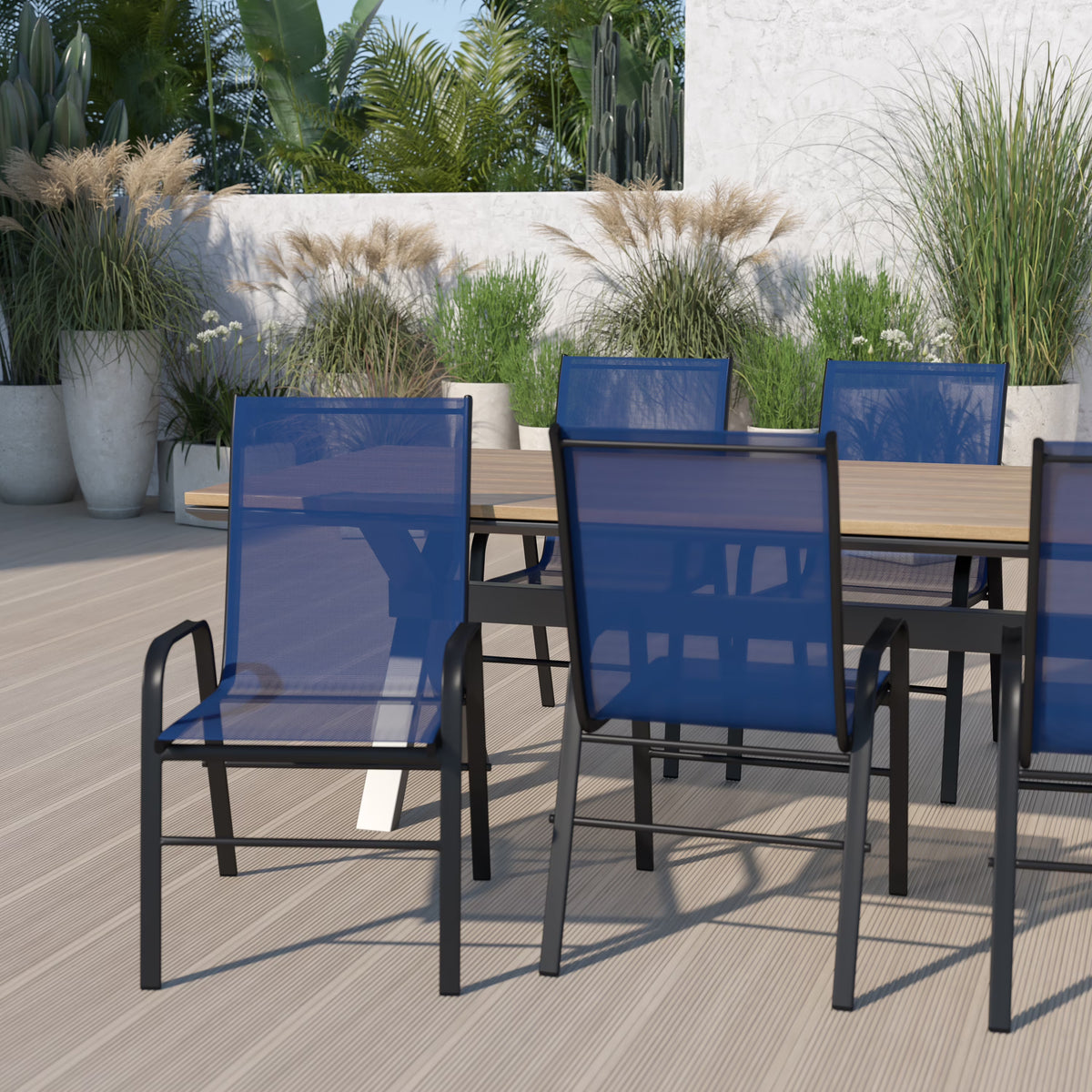 2026 NewBizChair 5 Pack Black Outdoor Stack Chair with Flex Comfort Material and Metal Frame