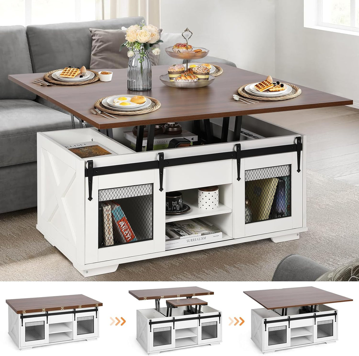 2026 VOWNER Mesa de Centro Elevable, Mesa Extensible, Multifuncional 3 en 1 con Almacenamiento Oculto - Comedor, Convertible, Estilo Granja, Nogal