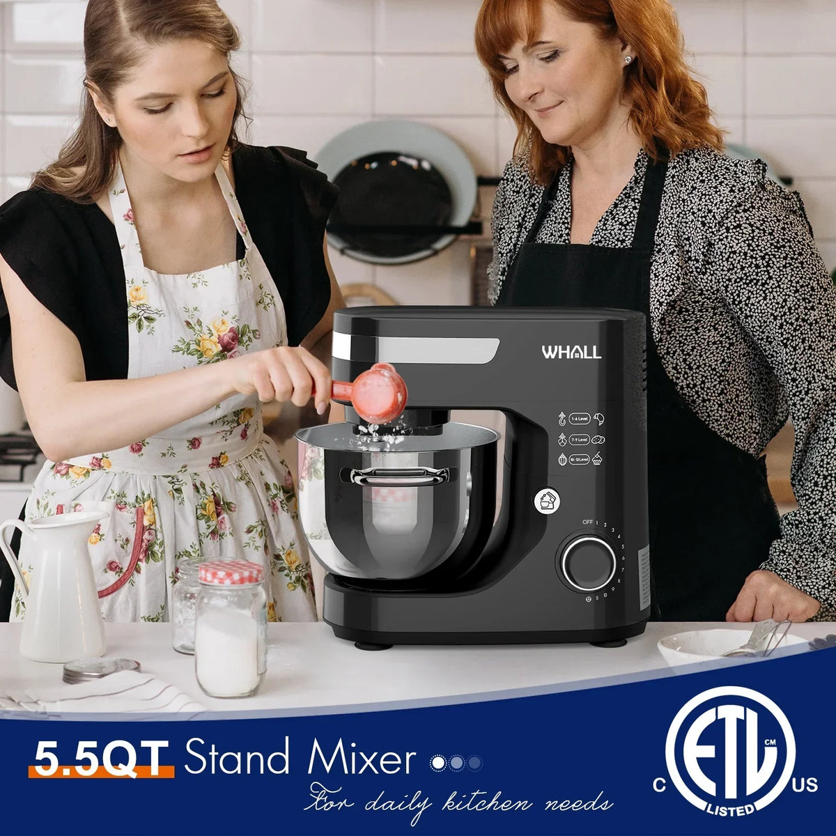 2026 NewWHALL Stand Mixer - 5.5Qt 12-Speed Tilt-Head Electric Kitchen Mixer with Dough Hook/Wire Whip/Beater, Stainless Steel Bowl (Black) New