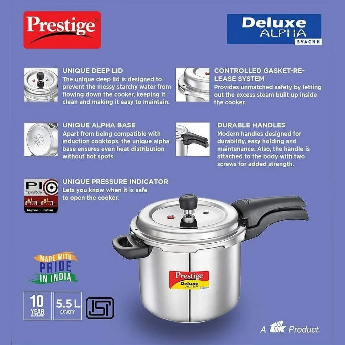 2026 NewPrestige Deluxe Alpha Svachh 5.5L Stainless Steel Pressure Cooker
