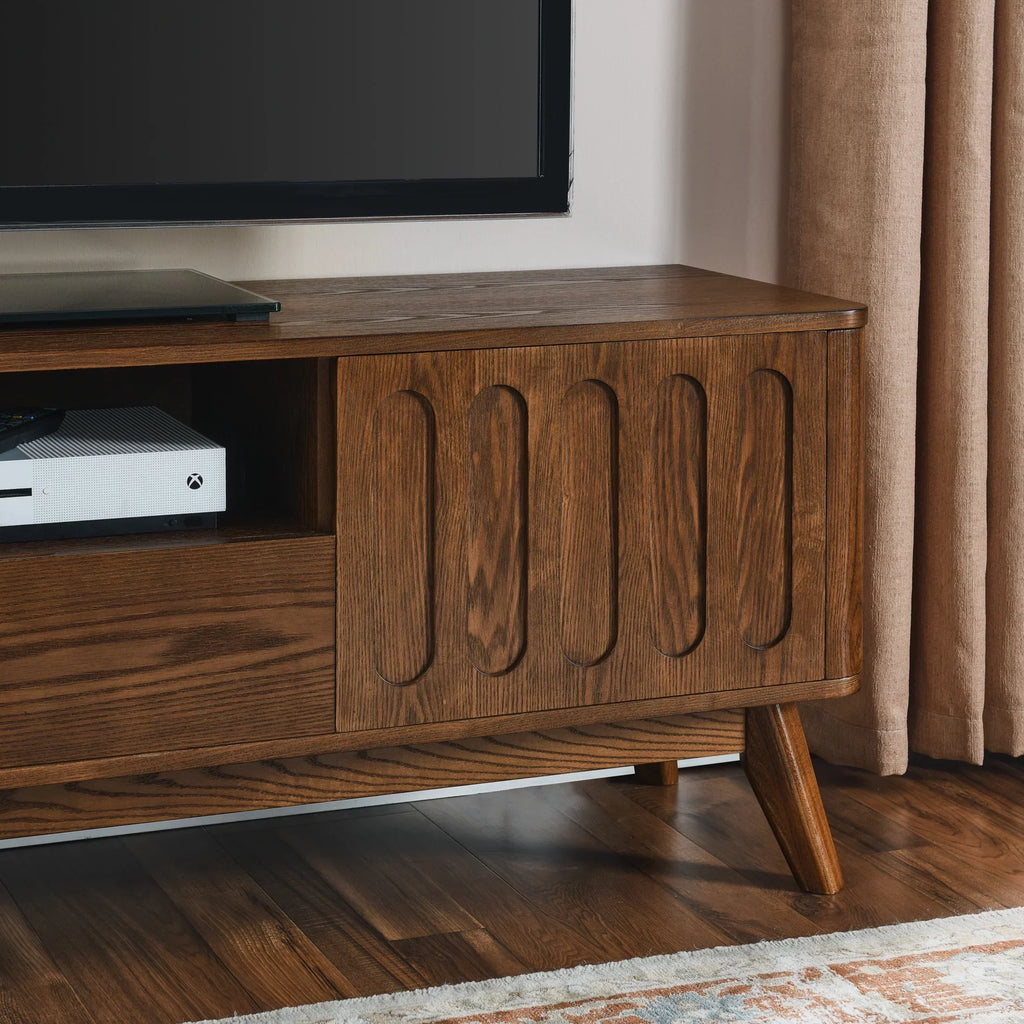 2026 NewNoble House Mid-Century Modern Fluted TV Stand for 65" TV, Entertainment Console with Storage, Solid Wood Legs, Walnut