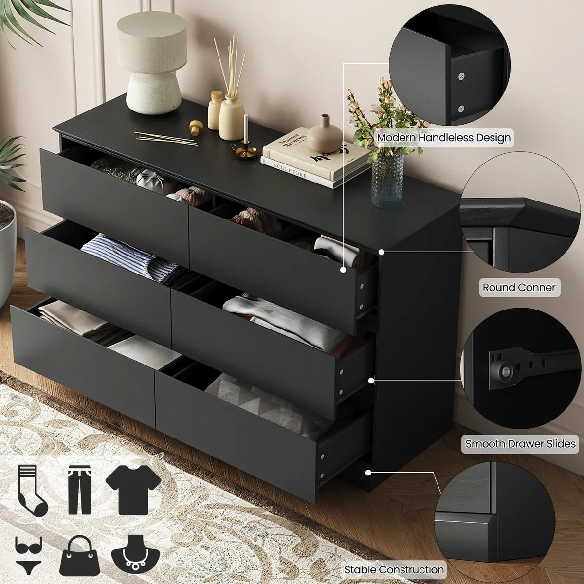 2026 NewWhite Dressers Bedroom Dresser 6 Drawer Storage Chest of Drawers Double Dresser Storage Side Cabinet Room Furniture for Bedroom Living Room